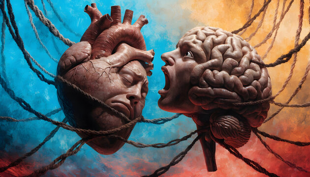 Anatomical human heart and brain screaming at each other. Emotional conflict and internal psychological struggle. Human heart tied with ropes face to face with screaming brain.