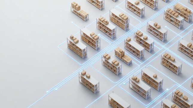 Miniature warehouse shelving with cardboard boxes arranged in grid pattern on light background, showing organized storage