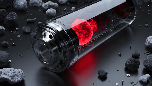 Futuristic glass cylinder capsule with glowing red plasma core. Advanced tech containment and power storage unit. Glass tube containing bright red glowing energy lying on rocky ground.
