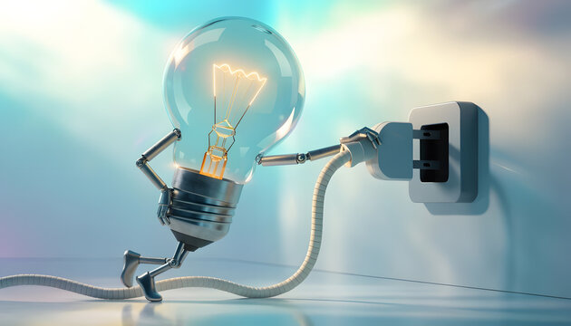 Light bulb character holding plug near wall socket outlet. Creative idea charging and electrical energy connection. Small bulb robot leaning against wall inserting power plug into socket.
