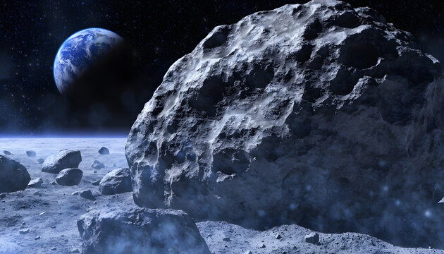 Large asteroid on lunar moon surface with planet Earth in background. Space exploration and cosmic landscape view. Giant grey rock asteroid resting on dusty alien surface with Earth in space.