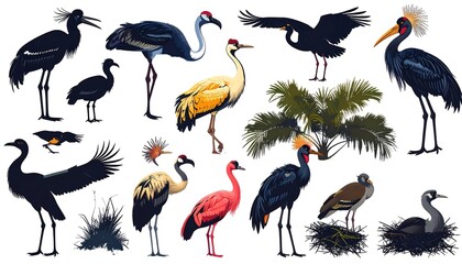 Obraz premium Colorful wildlife bird species illustration set.