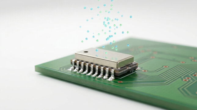 Sensor component on circuit board with digital particles floating above, technology concept with electronic device