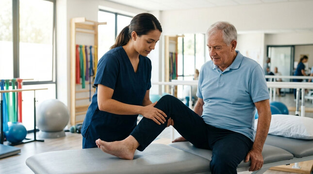 Physical Therapist Assisting Senior Man With Knee Rehabilitation Exercise