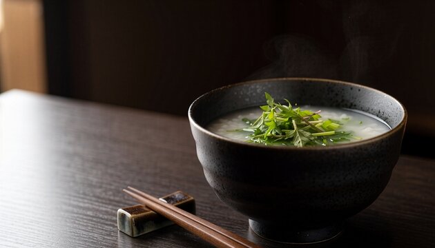 Nanakusa-gayu seven herb rice porridge in a dark bowl on a wooden table for the Japanese New Year custom on January 7th