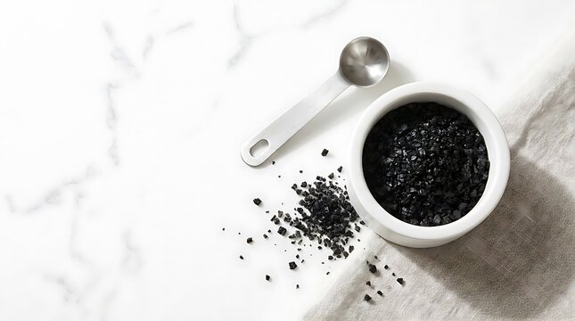 Black lava salt in bowl with measuring spoon.