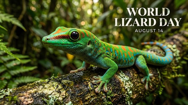 Green lizard perched on mossy branch for world lizard day with nature photograph
