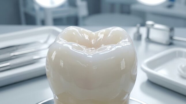 Detailed macro view of a polished, smooth dental crown showcasing its intricate enamel texture in a clinical setting