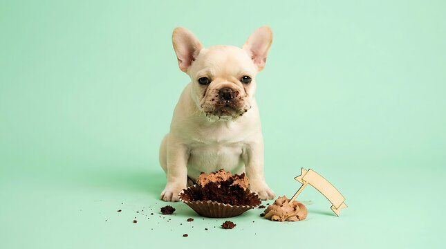 Hilarious French Bulldog Puppy with Chocolate Cake Frosting on Face