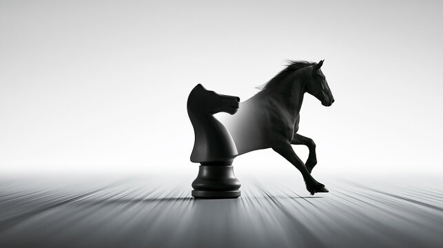 Black horse galloping out of a chess knight piece isolated on transparent background, symbolizing strategy, transformation, power, movement, and creative thinking.