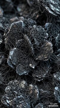 Graphene enhanced anode displaying graphite particles coated with dense mesh of tangled carbon nanotubes, demonstrating lithium battery electrode material structure under microscopic magnification.