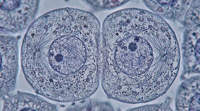 Cell division process under light microscope, demonstrating eukaryotic mitosis during cytokinesis stage, showing cleavage furrow separating two daughter structures with distinct nuclei and nucleoli.