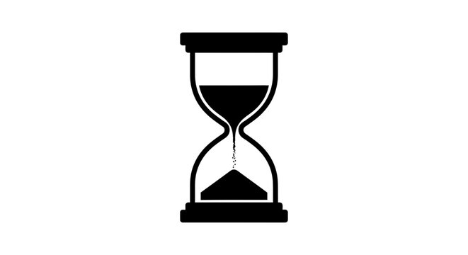 Black silhouette of an hourglass with sand flowing on a white background