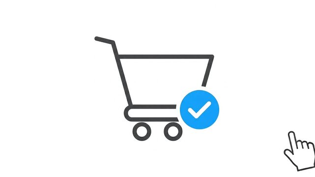 Animated graphic of a shopping cart with a plus icon being clicked by a cursor and turning into a checkmark signifying added to cart