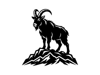 Fototapeta premium Black Silhouette Ibex Goat Standing on Mountain Peak, Vector Art