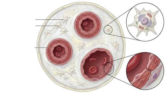 Stem cells from umbilical cord wharton jelly cross section, demonstrating blood vessel anatomy, showing active cellular structure detail, magnifying single stellate stromal body.