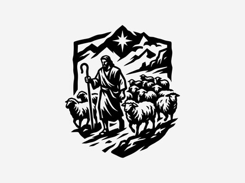 Christian Good Shepherd Leading Flock of Sheep in Mountains, Stylized Black  White Woodcut Illustration