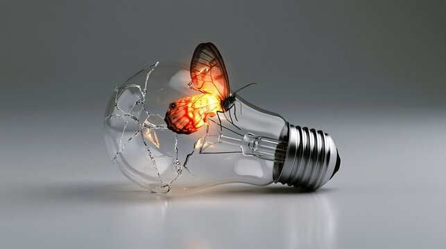 Glowing Butterfly in Broken Light Bulb isolated on transparent background