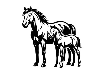 Fototapeta premium Equestrian Horse and Foal Black and White Line Art Graphic Style Vector Illustration