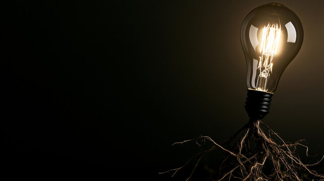 Vintage Edison light bulb with complex tree roots glowing against a dark background on transparent background.