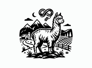 Naklejka premium Black and White Alpaca Farm Silhouette Icon Vector Art
