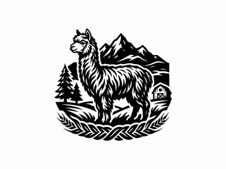 Naklejka premium Rustic Alpaca Livestock Emblem with Mountains and Barn - Stylized Black White Farm Illustration