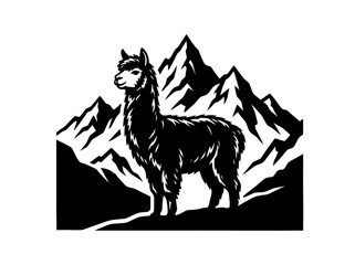 Naklejka premium Black and White Line Art Alpaca in Mountain Landscape Vector Illustration for Outdoor Animal Themes