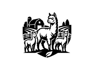 Naklejka premium Alpaca Farm Livestock Black and White Vector Logo - Agriculture and Animal Husbandry Emblem