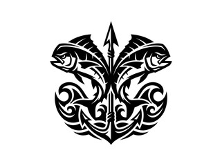 Fototapeta premium Stylized Black and White Tribal Mahi-Mahi Fish Trident Anchor Crest Emblem Mascot Vector