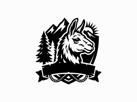 Black and white llama head with mountains, trees and sun - vector logo