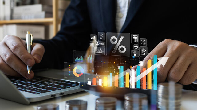 interest rates and dividends, investment returns, income, retirement Compensation fund, investment, dividend tax, Fixed Deposit, Savings Account, Stocks, Finance business growth arrow graph.