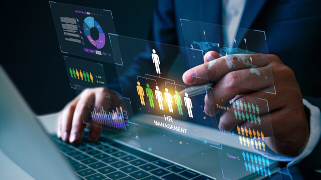 Human resources (HR), Businessman use laptop with global structure customer network technology, Data exchanges development. Customer Relationship Management.