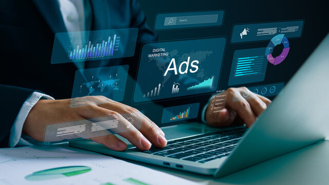 Digital online marketing commerce sale, website advertising, promotion of products, online marketing website ADs, digital search engine, SEO, social media, E-commerce.