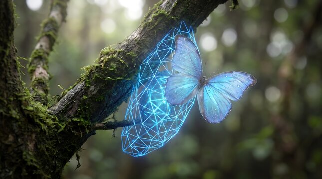 A vibrant blue morpho butterfly emerging from a glowing blue digital wireframe cocoon on a mossy tree branch in a rainforest, representing digital transformation, artificial intelligence in nature.