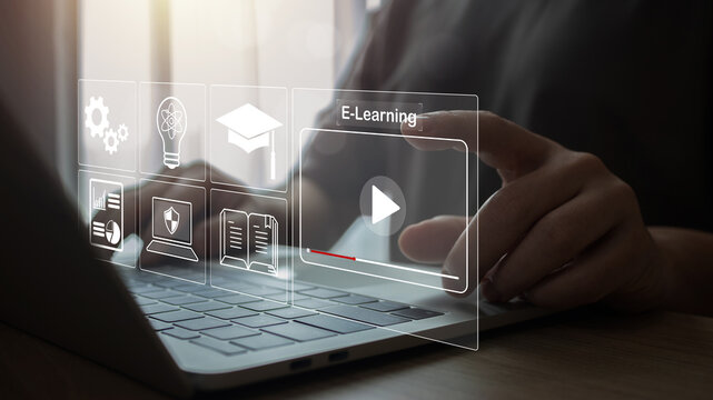 Digital courses to develop new skills, learning online concept.Woman hand using laptop computer study e-learning online education training for personal development and Professional study online.