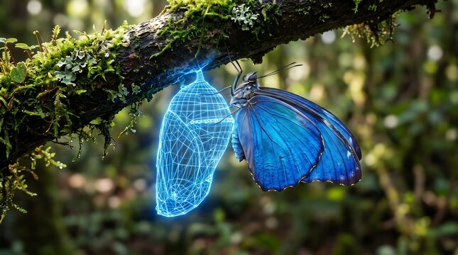 A vibrant blue morpho butterfly emerging from a glowing blue digital wireframe cocoon on a mossy tree branch in a rainforest, representing digital transformation, artificial intelligence in nature.