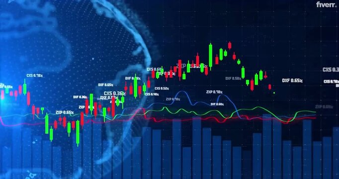 Digital stock market graph with moving candlestick charts and world map global background.