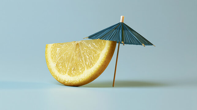Lemon slice with blue beach umbrella isolated on transparent background, symbolizing exotic summer refreshment, tropical holiday vibes, and creative citrus fruit design.