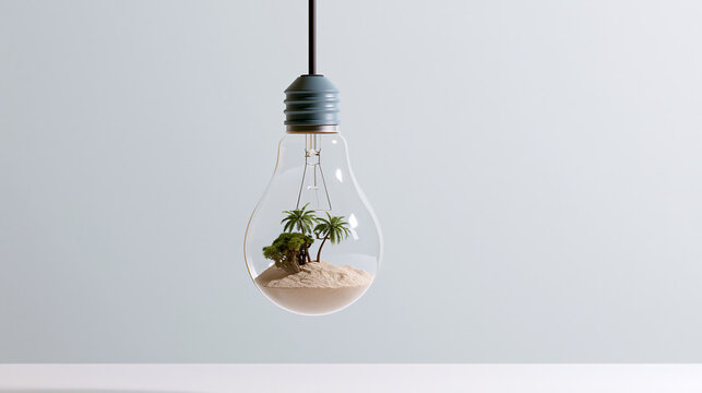 Tropical oasis inside a light bulb isolated on transparent background. A creative miniature landscape featuring palm trees and sand, symbolizing ecology, nature, and innovation.
