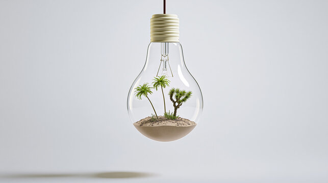 Tropical garden inside a light bulb isolated on transparent background. A miniature desert landscape with palm trees and cacti, representing environmental conservation and ideas.