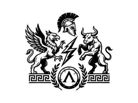 Ancient Greek Mythology Griffin Bull Mascot Emblem with Spartan Helmet Shield and Lightning Bolt Black  White Logo