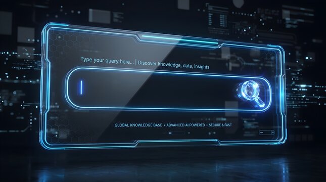 Futuristic glass search bar integrated with advanced AI data interface.