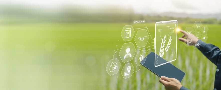 Smart farming technology connects farmers with digital tablets, GPS, drones, sensors, and crop data to improve precision agriculture, resource management, sustainable farming, modern food production.