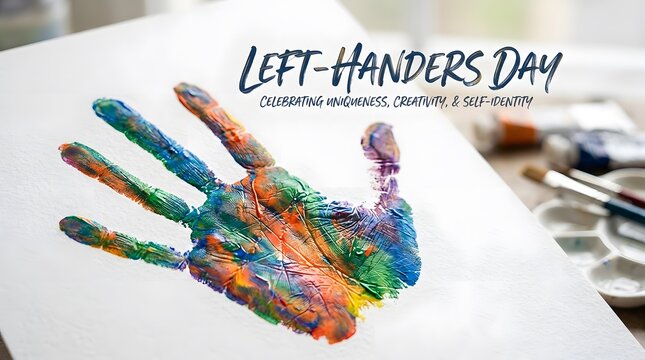 Colorful rainbow painted handprint on white paper for left handers day concept