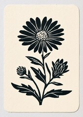 Fototapeta premium Blooming aster linocut print on textured off white paper in vintage playing card style