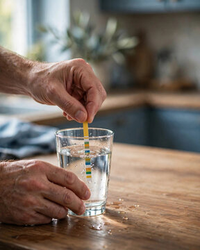 Water quality test with pH indicator strip, hands dipping litmus paper into glass of tap water, home safety and purity analysis