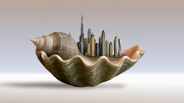 Modern city skyline inside a large open seashell isolated on transparent background, symbolizing the blend of global urban centers with the beauty of nature.