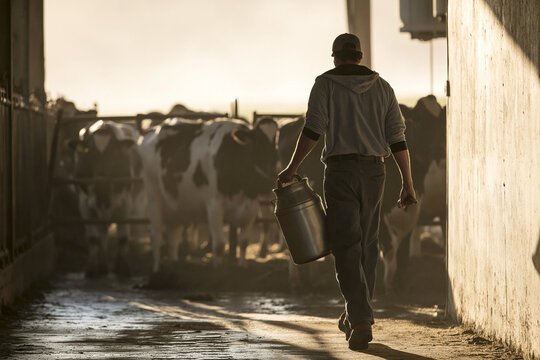 Farmer carrying milk pail in a sunny barn with cows