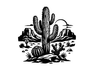 Fototapeta premium Black and White Woodcut Style Western Desert Landscape with Iconic Saguaro Cactus and Mountains Illustration