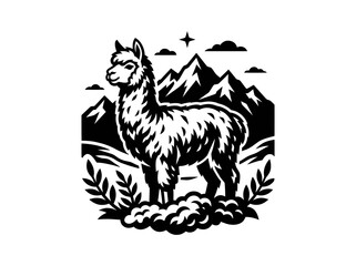 Naklejka premium Majestic Llama in Mountain Landscape. Black and White Monochrome Wildlife and Nature Vector Illustration.